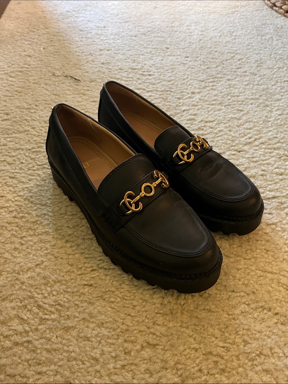 Circus by Sam Edelman Black Leather Loafers with Gold Chain Hardware